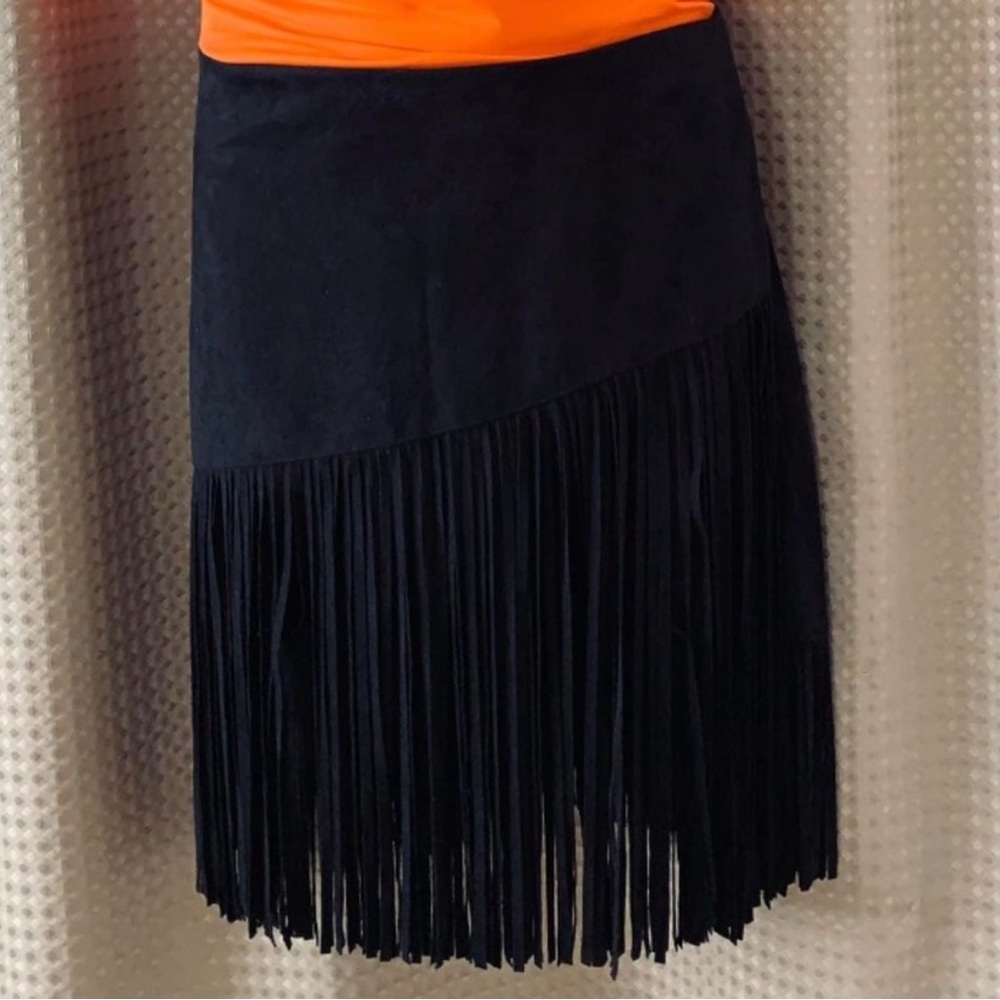 Black faux suede fringe western skirt